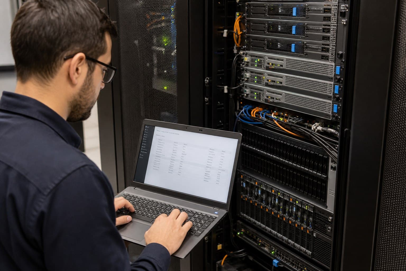 Serveringenieur verwaltet Controller-Firmware im Rechenzentrum