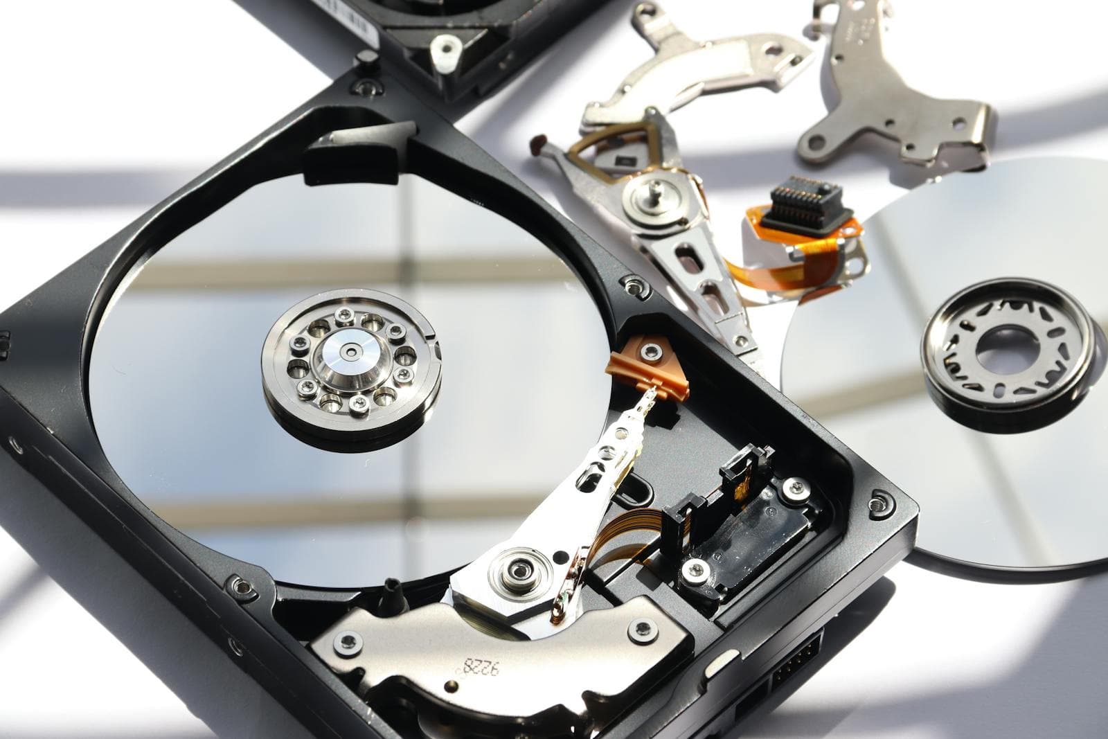 Disassembled hard disk drive viewed in close-up