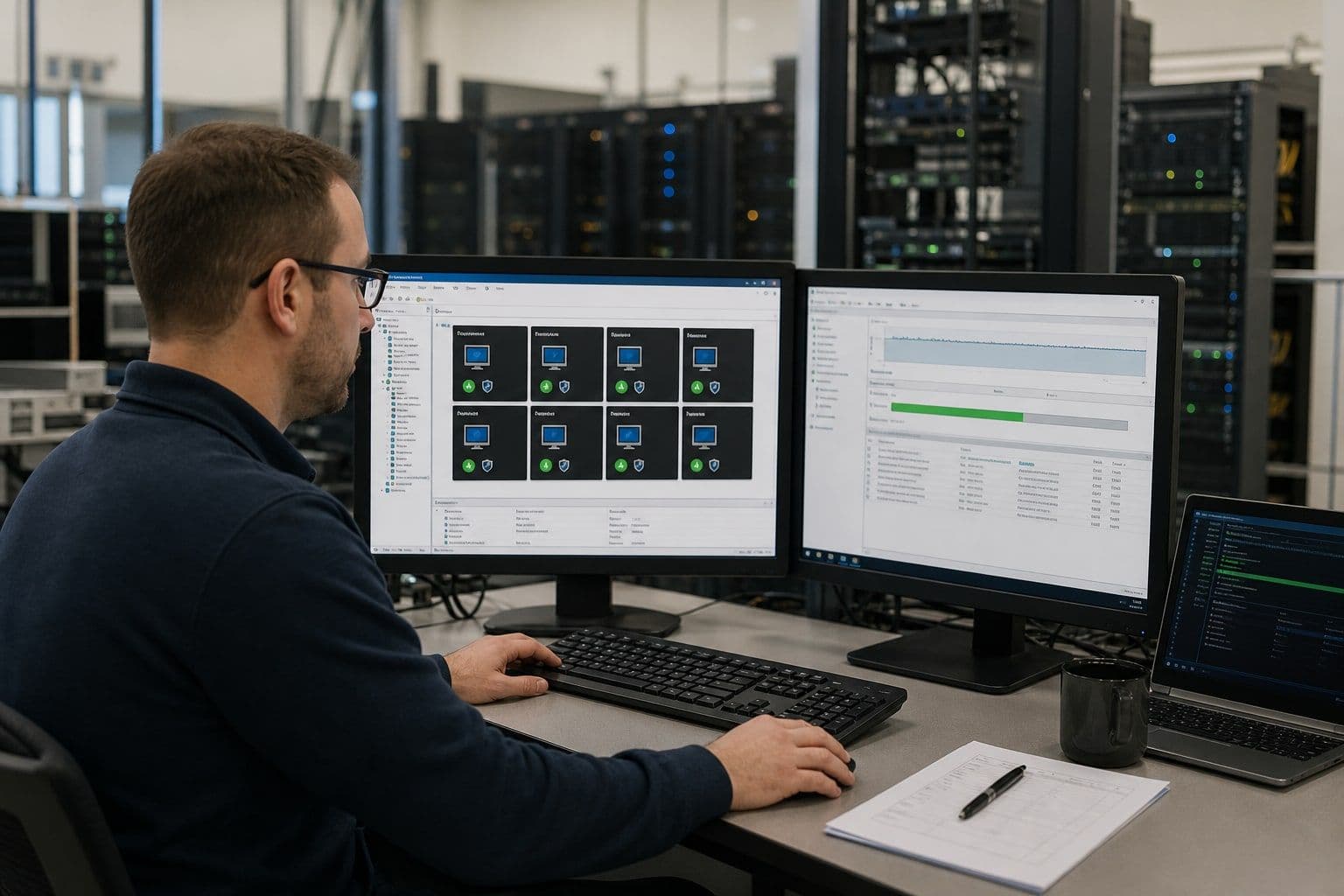 Virtualisierungs-Engineer bei der Prüfung von VMs, Secure Boot und Restore an einer Managementkonsole