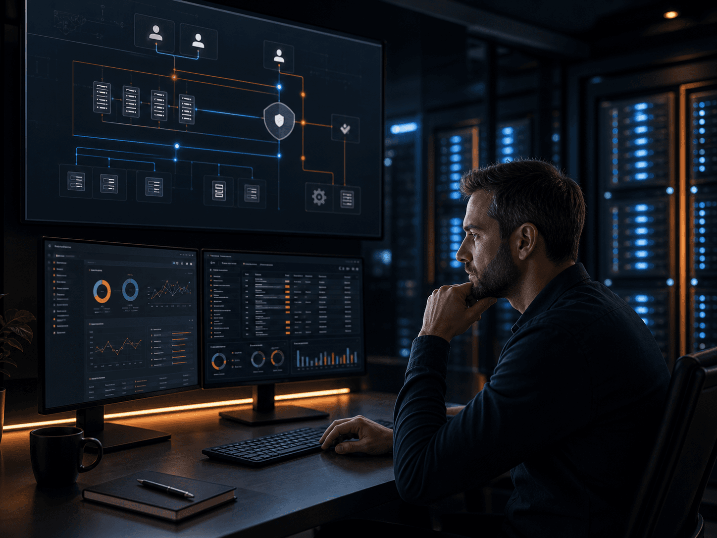Infrastructure operations desk with identity and network service dashboards