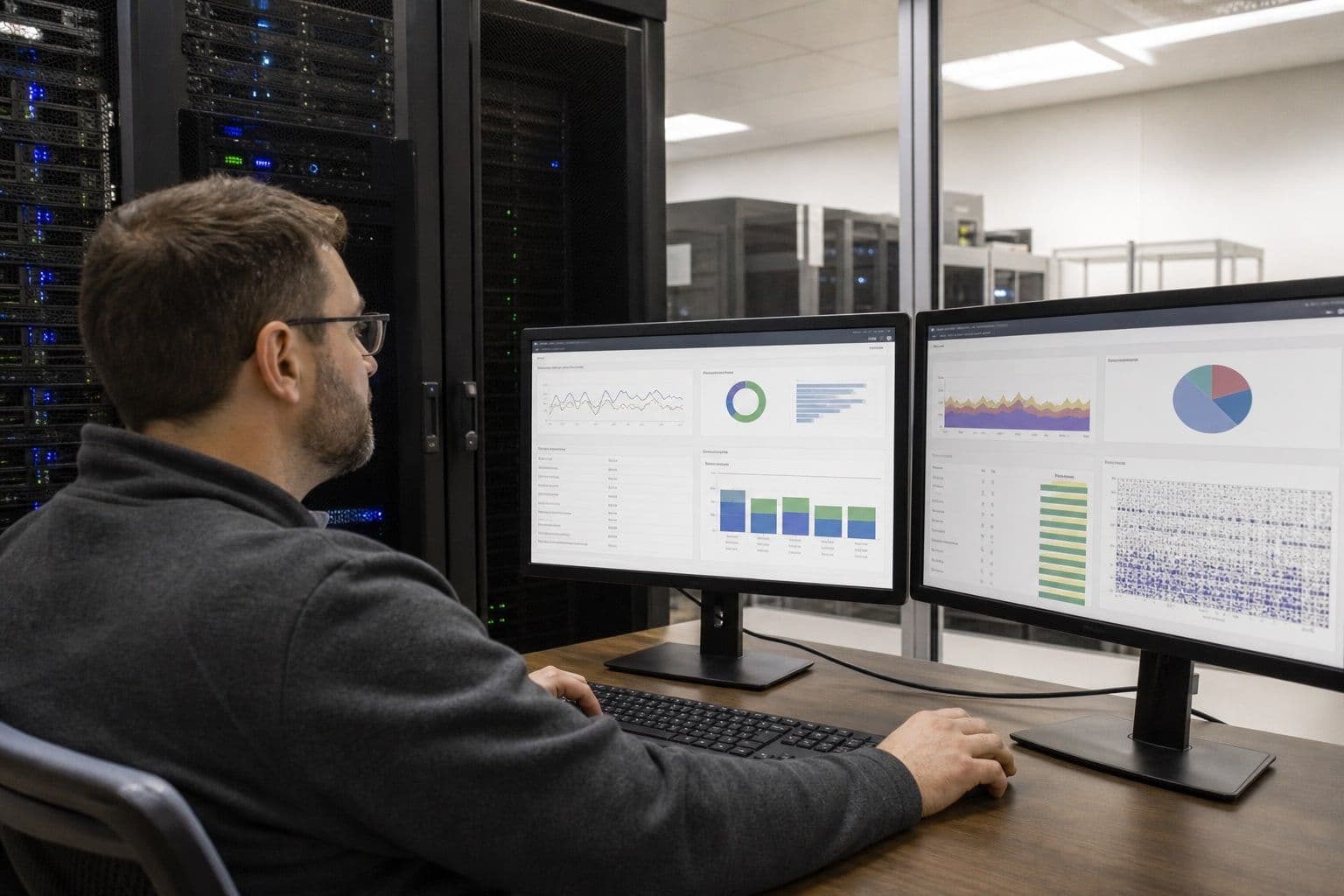Engineer bei der Prüfung von Serverkapazität und Synchronisationslast eines Linux-Bestands
