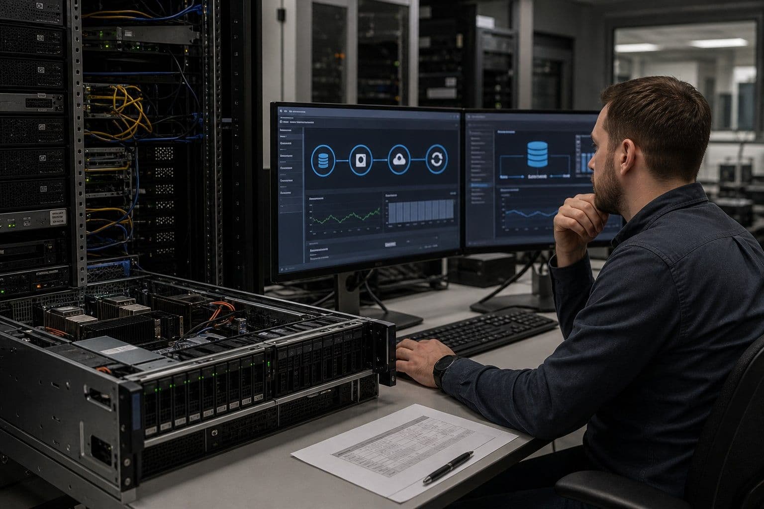 Operations Engineer bei der Prüfung von Monitoring, Backup, Restore und Rollback eines NVMe-Servers