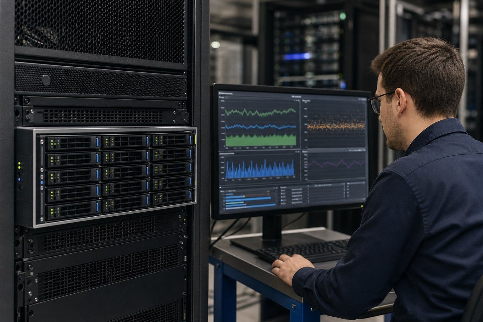 Engineer beim Lasttest eines Windows Servers mit NVMe-Laufwerken
