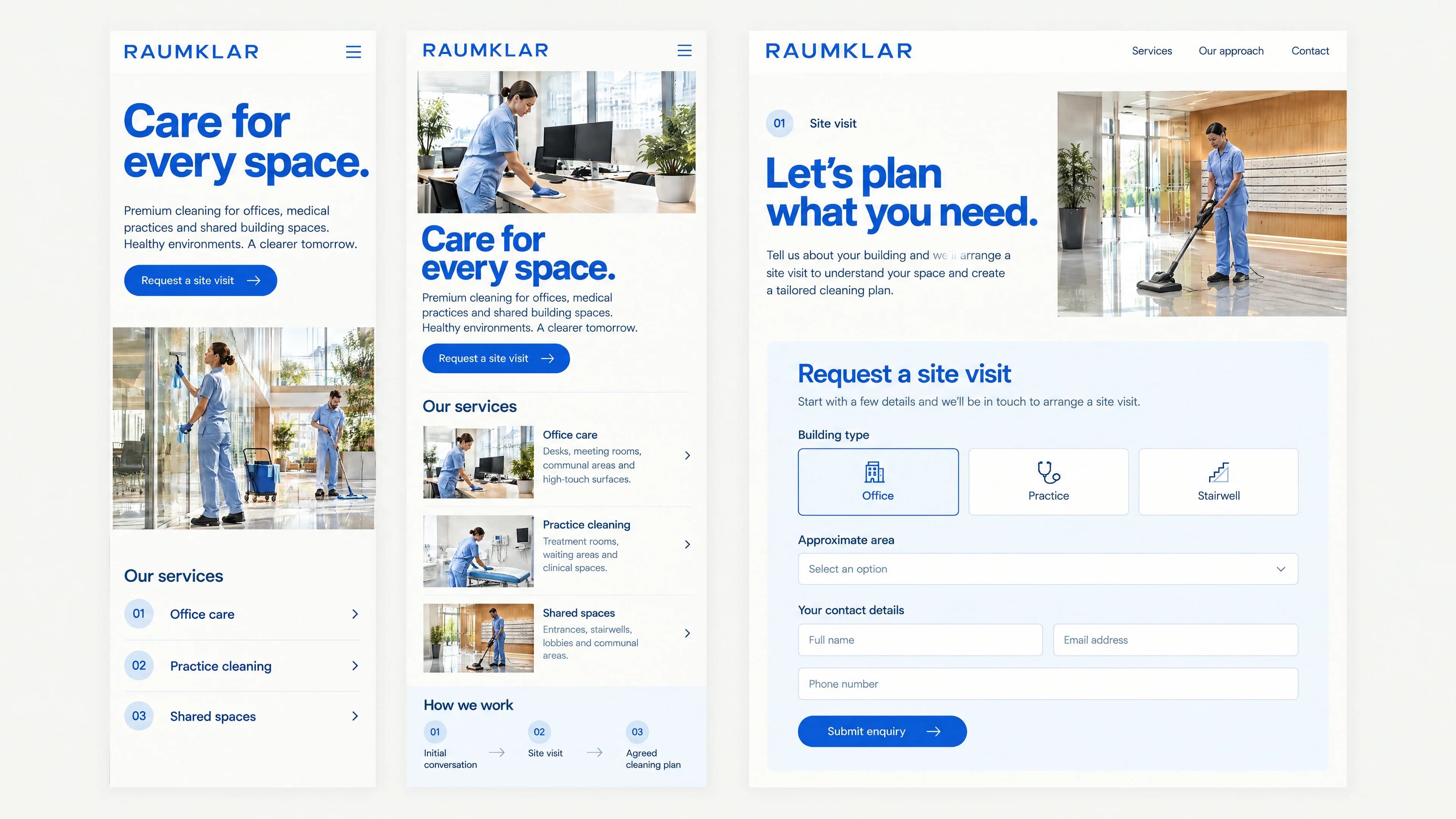 RAUMKLAR: Zwei mobile Website-Ansichten und ein vergrößertes Gestaltungsdetail.