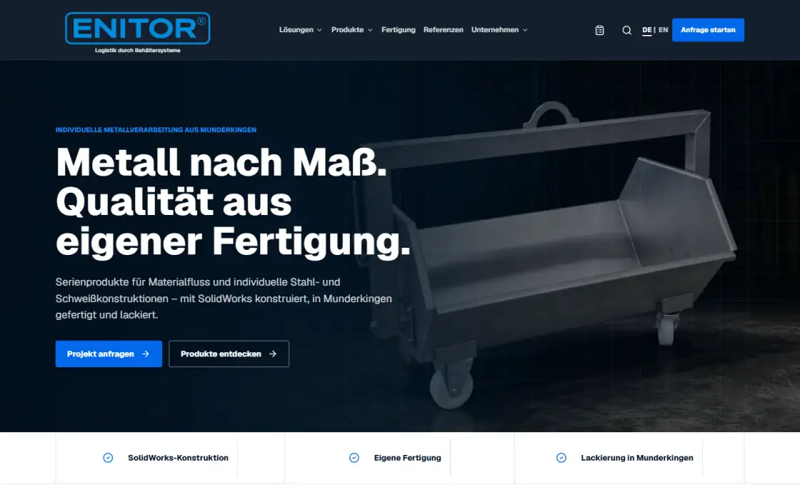 Screenshot der ENITOR-Startseite mit Metallbauprodukt und Projektanfrage