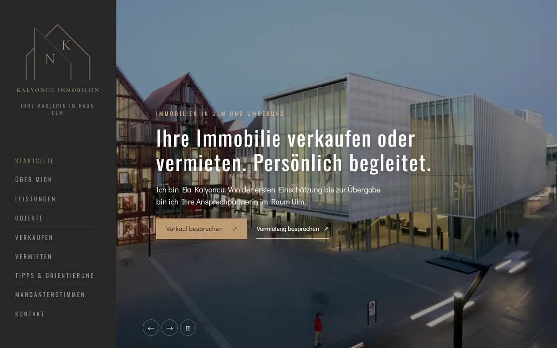 Screenshot der Kalyoncu-Immobilien-Startseite mit Navigation und Immobilienangebot in Ulm