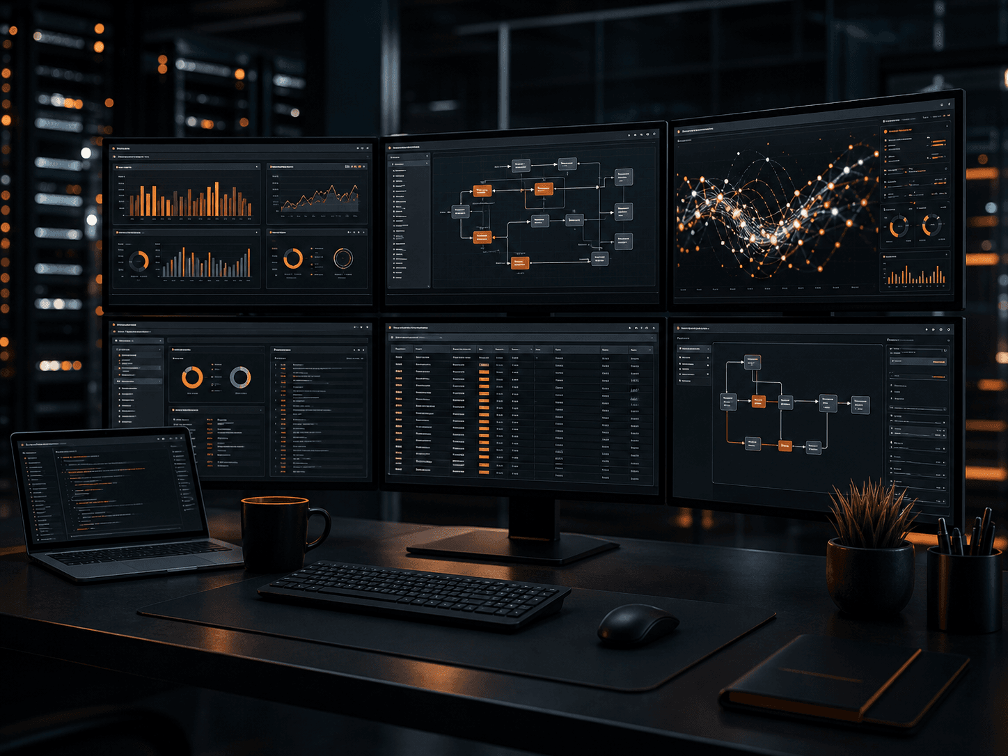 Dark operations workstation with dashboards and reporting screens representing AI-assisted internal tools