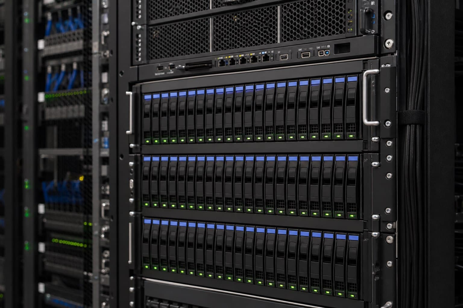 Dicht bestücktes Enterprise-Storage-Chassis in einem Rechenzentrumsrack