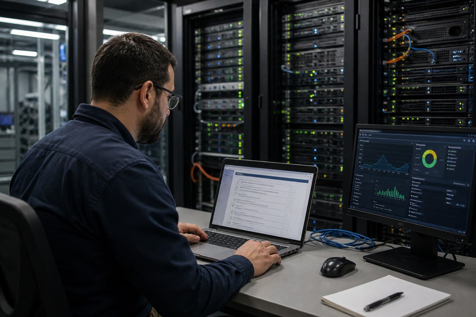 Administrator bei der Prüfung des Domain-Controller-Zustands in einem Infrastruktur-Kontrollraum