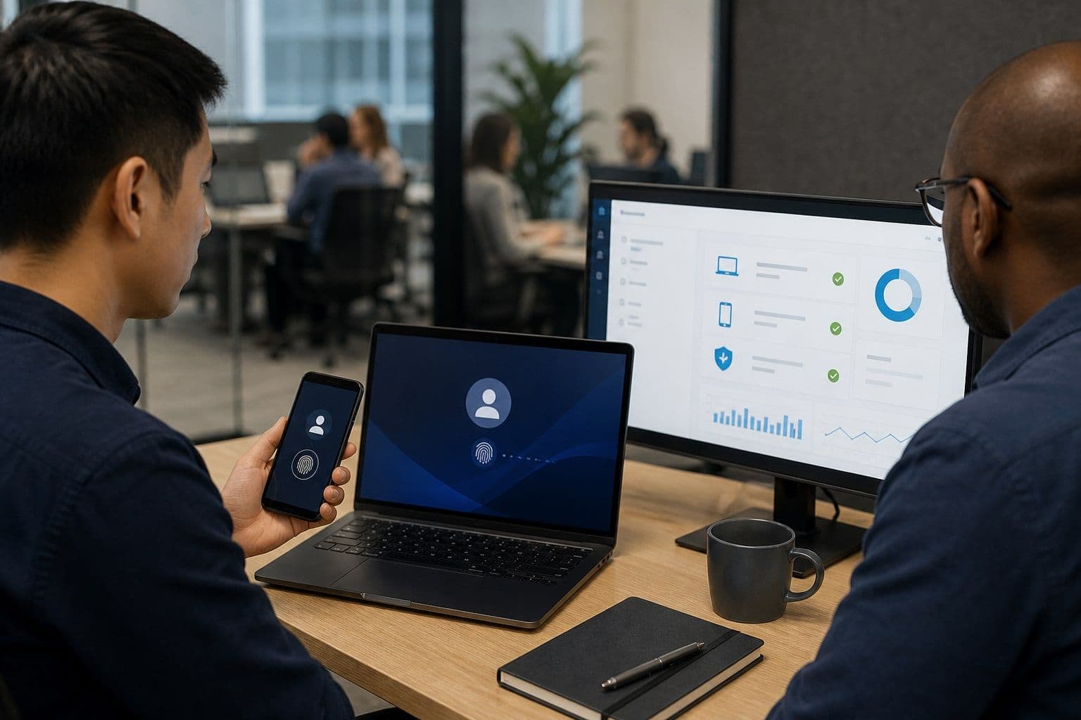 Mitarbeiterin und Support Engineer bei der Registrierung eines Smartphone-Passkeys für einen verwalteten Laptop