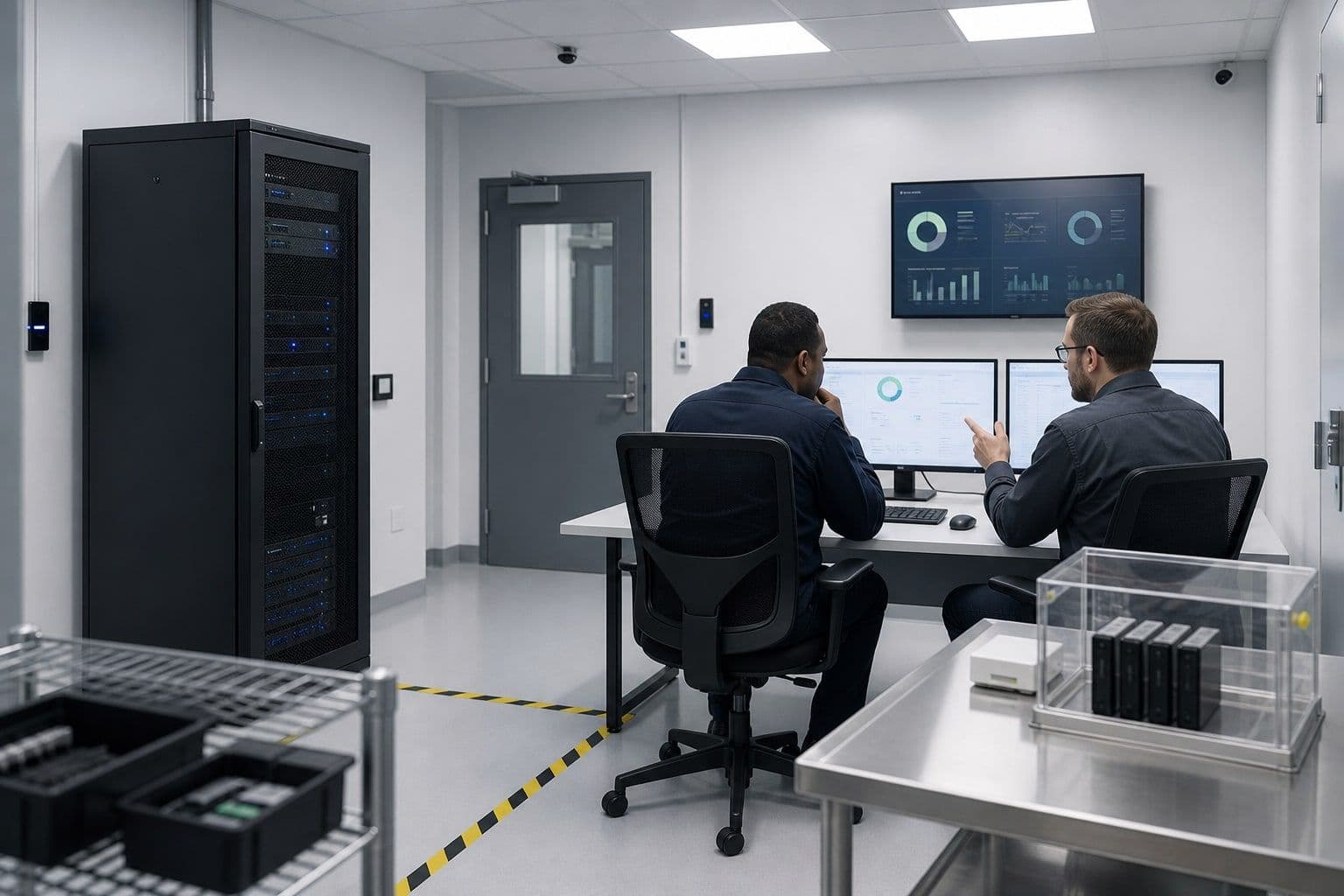 Infrastruktur- und Security-Team bei der Prüfung wiederhergestellter Workloads in einem isolierten Recovery-Raum