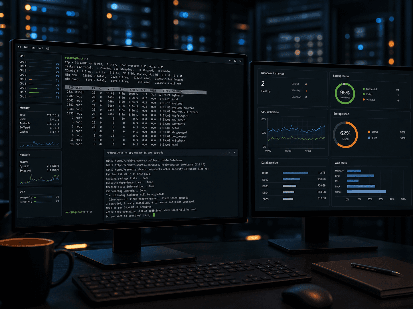 Operations workstation with Linux server console and database health screens used for a SQL Server on Linux article