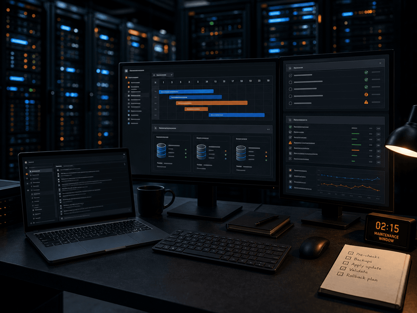 Maintenance workstation with database patching and availability dashboards used for a SQL Server patching article