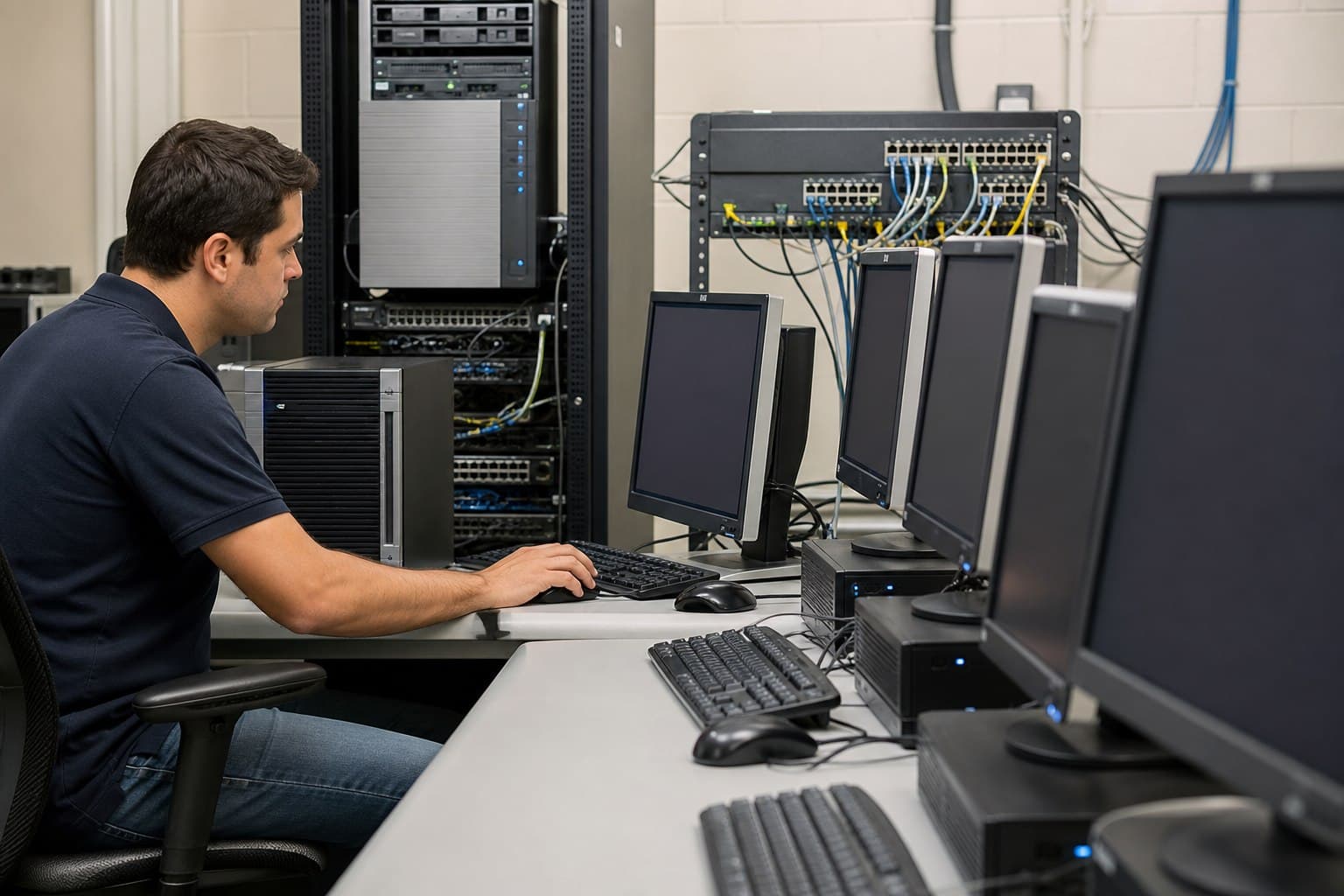 Techniker bei der Prüfung von Netzwerk-Boot-Infrastruktur in einem Serverraum