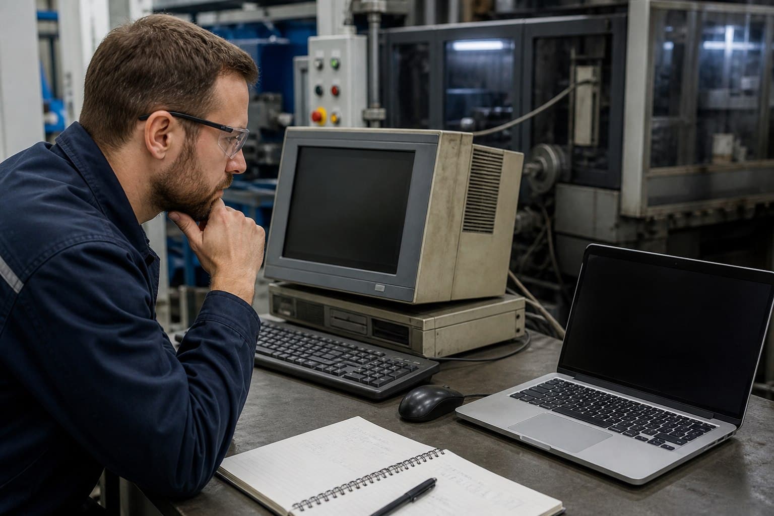 Techniker bei der Lifecycle-Prüfung eines älteren Windows-Arbeitsplatzes