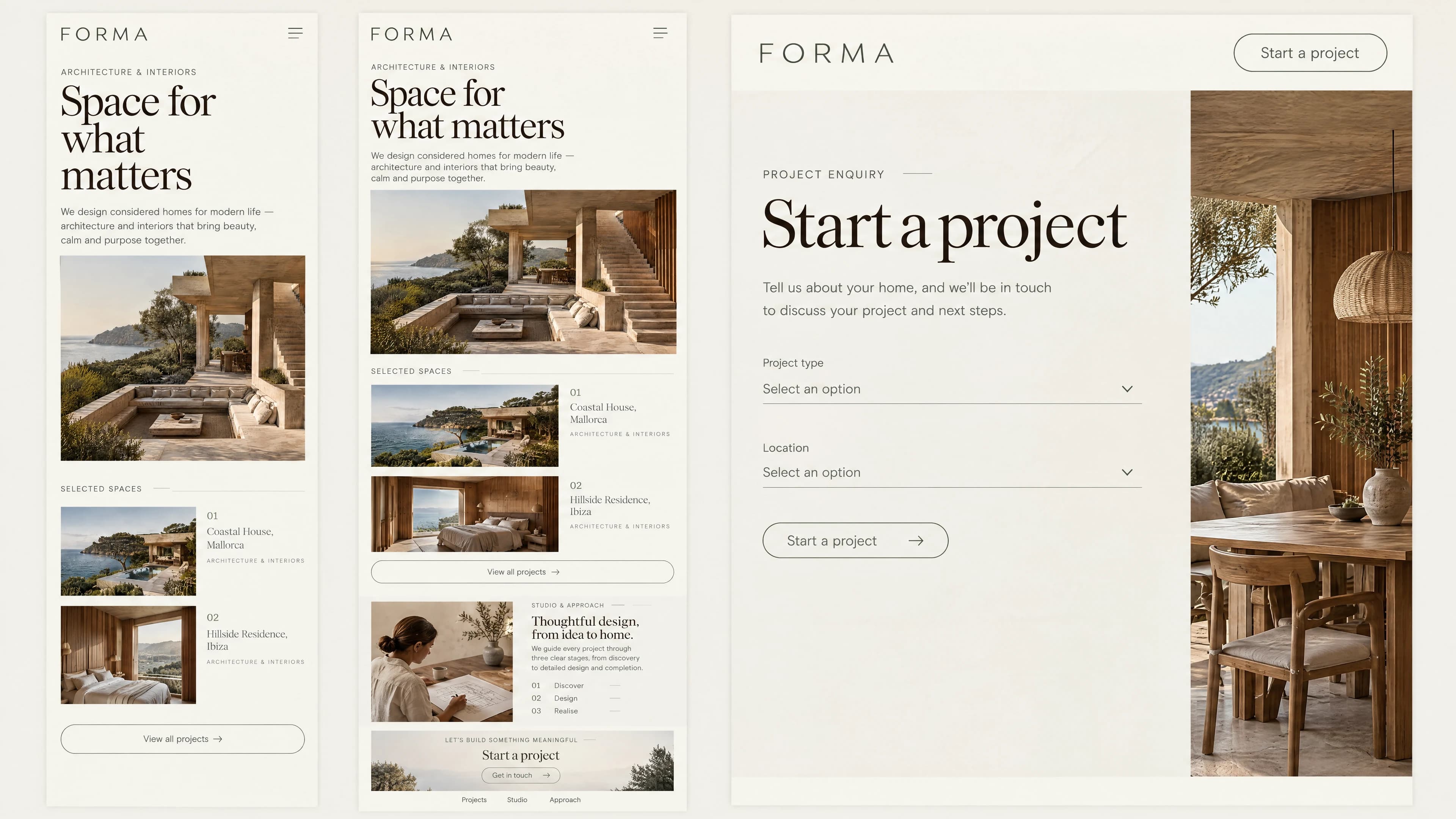 FORMA: Zwei mobile Website-Ansichten und ein vergrößertes Gestaltungsdetail.