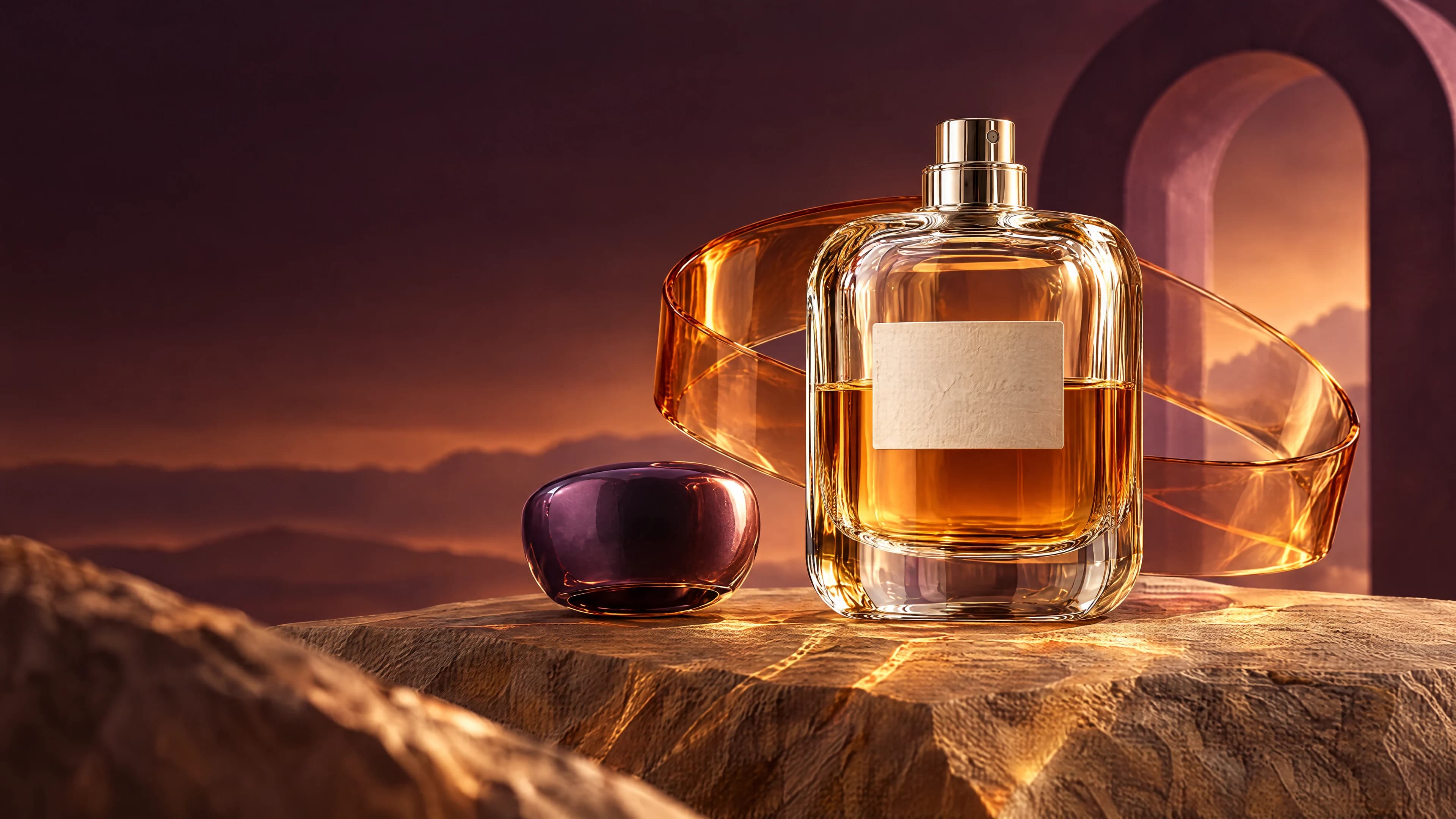 Illustrative image direction: amber perfume bottle against a warm backdrop.